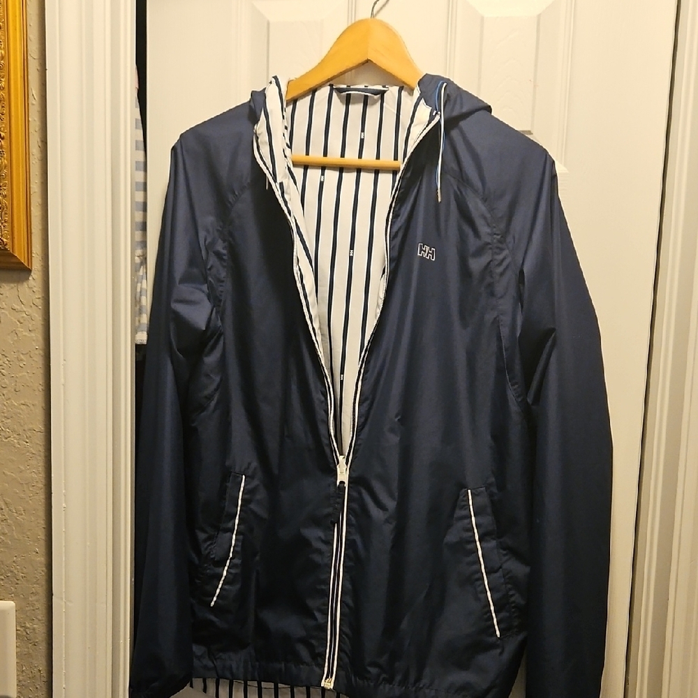 Helly Hansen Blue Windbreaker with Hood and Striped Lining